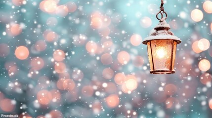 Wall Mural - Lantern glowing in a snowy, festive atmosphere.