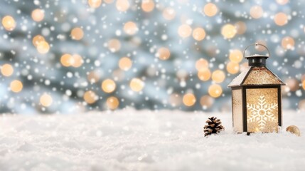 Wall Mural - Lantern in snow with festive bokeh background.