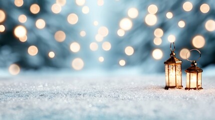 Wall Mural - Lanterns on snow with a dreamy bokeh background.