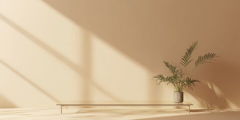 Poster - Minimalist interior with a plant on a shelf against a warm, shadowed wall.