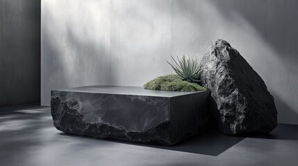Poster - A minimalist stone table with moss and a plant, set against a concrete backdrop.