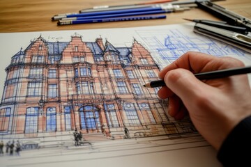 Aufkleber - A hand sketches an architectural design of a building with blueprints and drawing tools nearby.