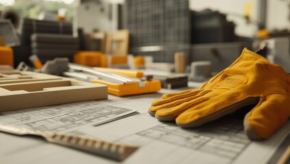 Aufkleber - A workspace with tools, plans, and gloves, indicating preparation for a construction project.