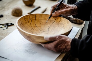 Poster - A person sketches a design on a bowl, showcasing craftsmanship and artistry.