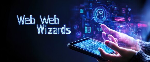 Leinwandbilder - A digital-themed image featuring hands holding a tablet with tech graphics and text.