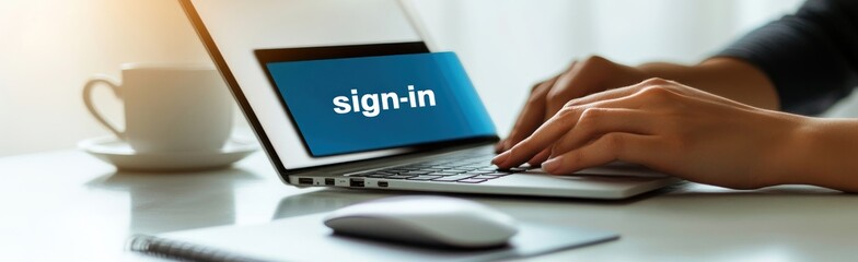 Poster - A person signing in on a laptop with a coffee cup nearby.