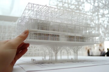 Poster - A hand holds a detailed architectural model of a building supported by tree-like structures.