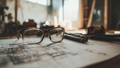 Poster - Glasses on a blueprint with pens, indicating design or engineering work.
