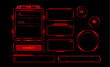 © klyaksun - Futuristic red interface elements - login form with name, password fields and connect button, circular progress indicator and buttons, rectangular panels and frames. Sci fi game ui cyberpunk design.