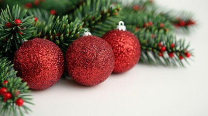 Wall Mural - Red glittery Christmas ornaments with pine branches.