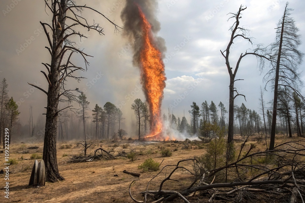 Fire tornado tearing through a dry forest, burning tree trunks, ash ...