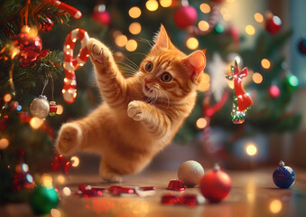 Poster - A playful orange cat playfully jumps to cut Christmas tree decorations, with colorful ornaments scattered around the room. The background is adorned with festive lights and a decorated Christmas tree.