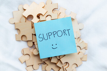 Aufkleber - Supporting business growth puzzle pieces of teamwork office space image of collaboration positive environment motivational concept