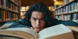 © Pech - A student in a library, surrounded by books and notes, with a focused expression on their face.