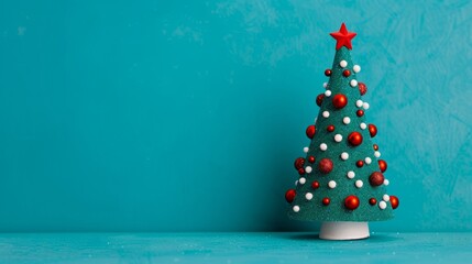 Wall Mural - Small decorative Christmas tree on a blue background.