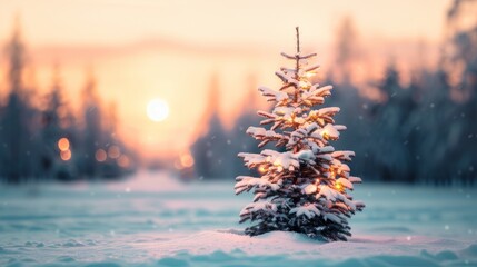 Wall Mural - Snow-covered Christmas tree at sunset.