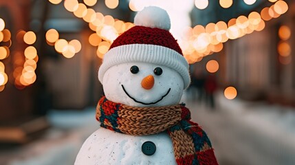 Wall Mural - Snowman adorned with a scarf and festive lights.