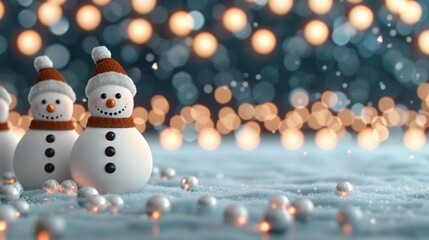 Wall Mural - Snowmen with festive bokeh lights in the background.