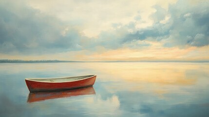 Wall Mural - Tranquil Scene of a Red Canoe Gently Floating on a Calm Lake at Sunset with Soft Clouds Illuminating the Peaceful Water Surface in Pastel Colors