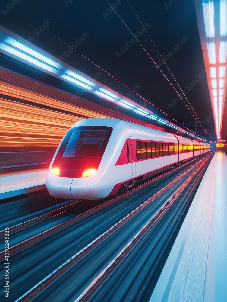 High-speed train in motion urban railway station action shot nighttime ...