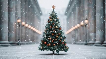 Wall Mural - Snowy street scene with a decorated Christmas tree.