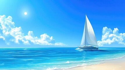 Wall Mural - Serene Sailing Adventure: A Beautiful Sailboat Gliding Across Crystal Clear Waters Under Bright Blue Skies and Fluffy Clouds on a Tranquil Summer Day