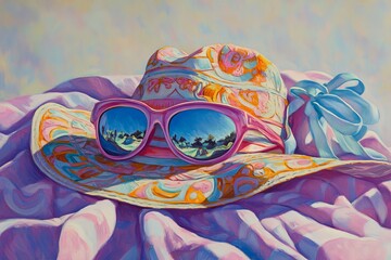 Vibrant Summer Accessories with Colorful Hat and Reflective Sunglasses Resting on a Soft Fabric Surface Under a Bright Sky Background