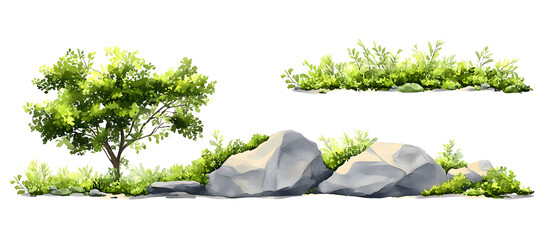 Wall Mural - vector watercolor green tree or meadow with rock side view isolated on white background for landscap