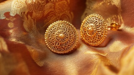 Wall Mural - Yellow gold earrings with intricate filigree design resting on a silk cloth.