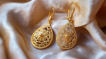 Wall Mural - Yellow gold earrings with intricate filigree design resting on a silk cloth.