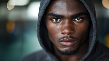 Focused athlete in a gray hoodie, training intensely at a boxing gym, showcasing a determined expression while preparing for an upcoming competition.