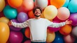 © RaptorWoman - Cheerful young man with arms outstretched joyfully amidst a vibrant backdrop of colorful balloons, celebrating happiness and freedom.