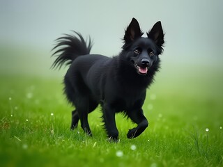 Happy dog frolics in lush, green meadow