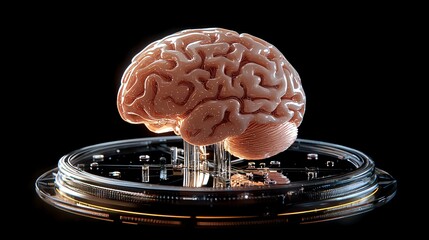 This 3D model of a brain connected to a computer interface illustrates advanced brain-computer technology on a white background.
