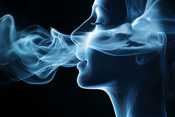 Aufkleber - A tranquil breathwork session on a white backdrop showcases an individual practicing deep breathing, enhanced by flowing air wave graphics.