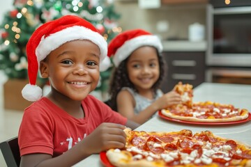 Wall Mural - Two cheerful children wearing santa hats enjoying delicious pizza during christmas celebration at home