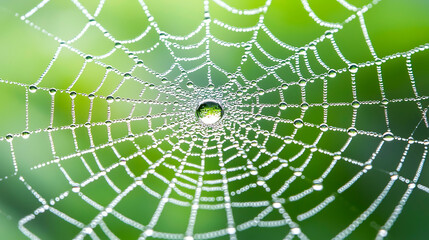 macro photo of dewdrops on spiderweb, showcasing intricate details and vibrant green background. delicate web glistens with droplets, creating serene atmosphere
