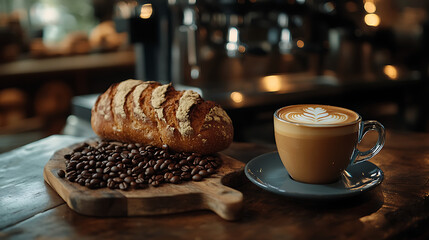 Wall Mural - A close-up of freshly roasted coffee beans beside a warm loaf of bread and a cup of cappuccino, creating a comforting atmosphere 