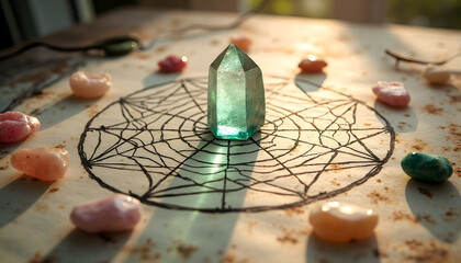 Wall Mural - Crystal healing grid based on sacred geometry featuring Golden Ratio, drawn on aged paper surrounded by pink quartz and green turquoise