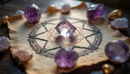 Wall Mural - Crystal healing grid based on sacred geometry featuring Merkaba on aged paper surrounded by amethyst crystals