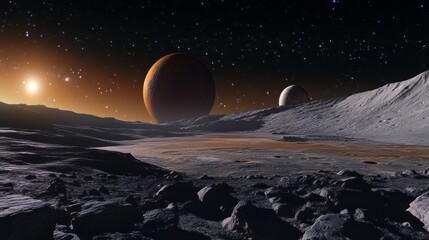 Wall Mural - a desolate landscape with two large orange planets and a small one