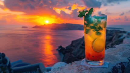 Wall Mural - Colorful cocktail at sunset over the caldera.