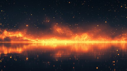 Wall Mural - Glowing Sunset Reflected on Tranquil Water Surface Surrounded by a Starry Night Sky, Creating a Magical and Dreamlike Atmosphere for Nature Lovers