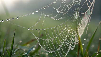 A macro shot of a spiderweb covered in sparkling morning dew, with a blurred green background