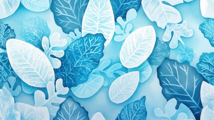Naklejka na meble A vibrant, abstract depiction of various leaves in shades of blue and white, creating a calming and refreshing atmosphere.