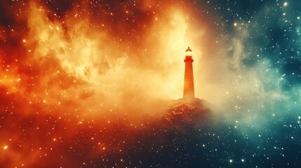 Wall Mural - Mystical Lighthouse Illuminating Cosmic Landscape Surrounded by Vibrant Nebulae and Stars, Symbolizing Guidance and Hope in an Otherworldly Realm