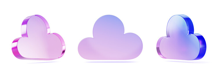 3d set of glass holographic transparent cloud web icon with pink blue gradient texture in different angles render. Concept of digital data storage, cloud computing technology service. 3D illustration