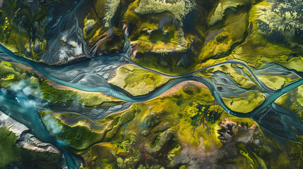 Canvas Print - Aerial panorama of Iceland's highland roads, meandering through volcanic landscapes dotted with geothermal springs and cascading waterfalls