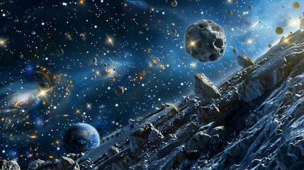 Wall Mural - asteroid belt orbiting a distant star system, with earth visible in the foreground against the backd