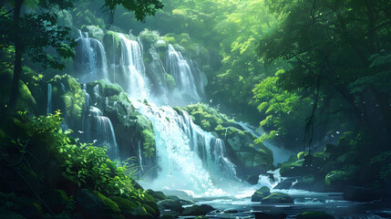 Canvas Print - Cascading waterfall amidst lush forest, serene atmosphere, ideal for calming wallpapers